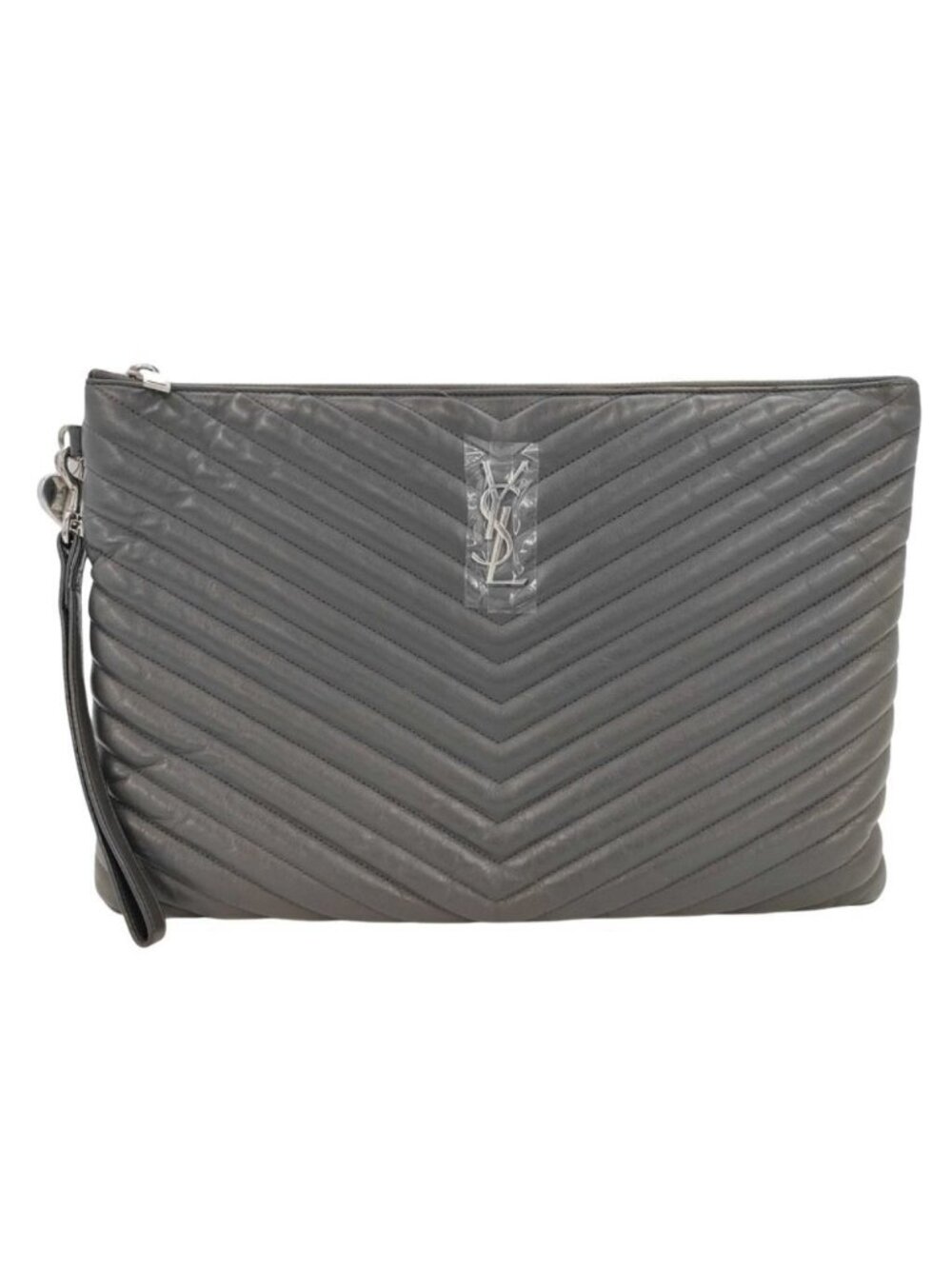 Saint Laurent Clutch Monogram Document Holder Gray Leather V-stitch YSL Silver